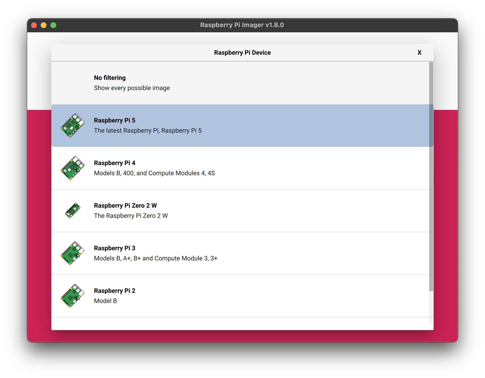 Raspberry Pi model selections in Imager.