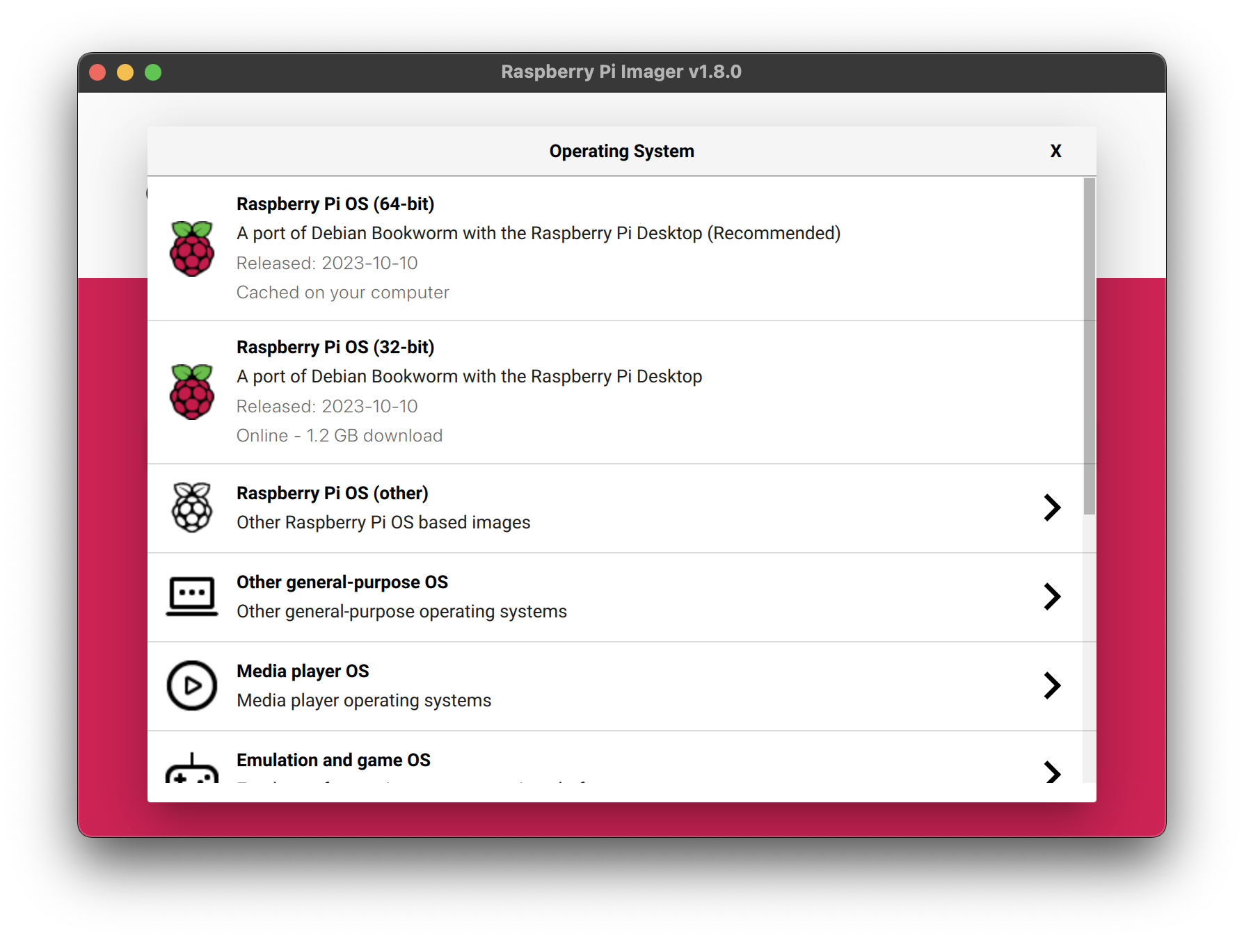 Operating system selections in Imager.