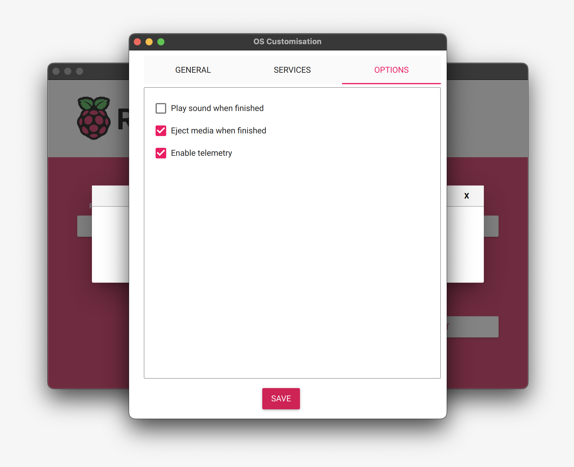 Options in the OS customisation menu.