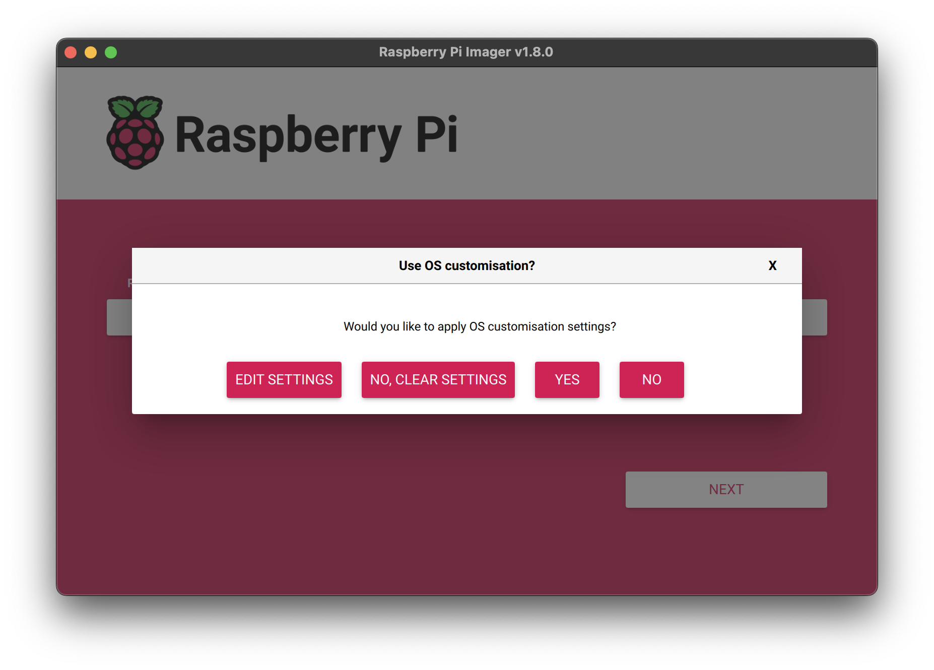 Imager prompt to open OS customisation menu.