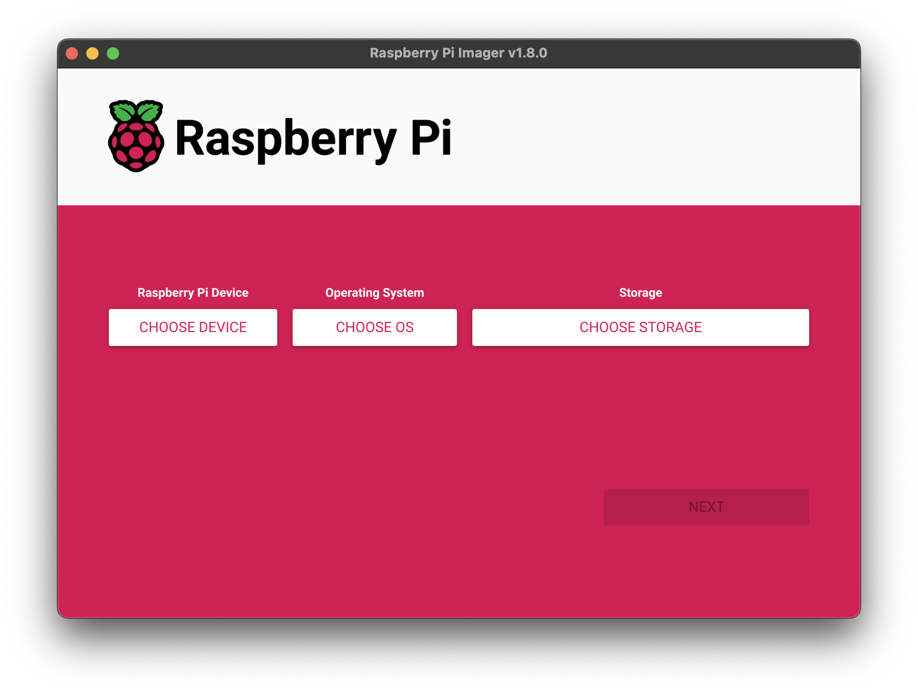 Raspberry Pi Imager main window.